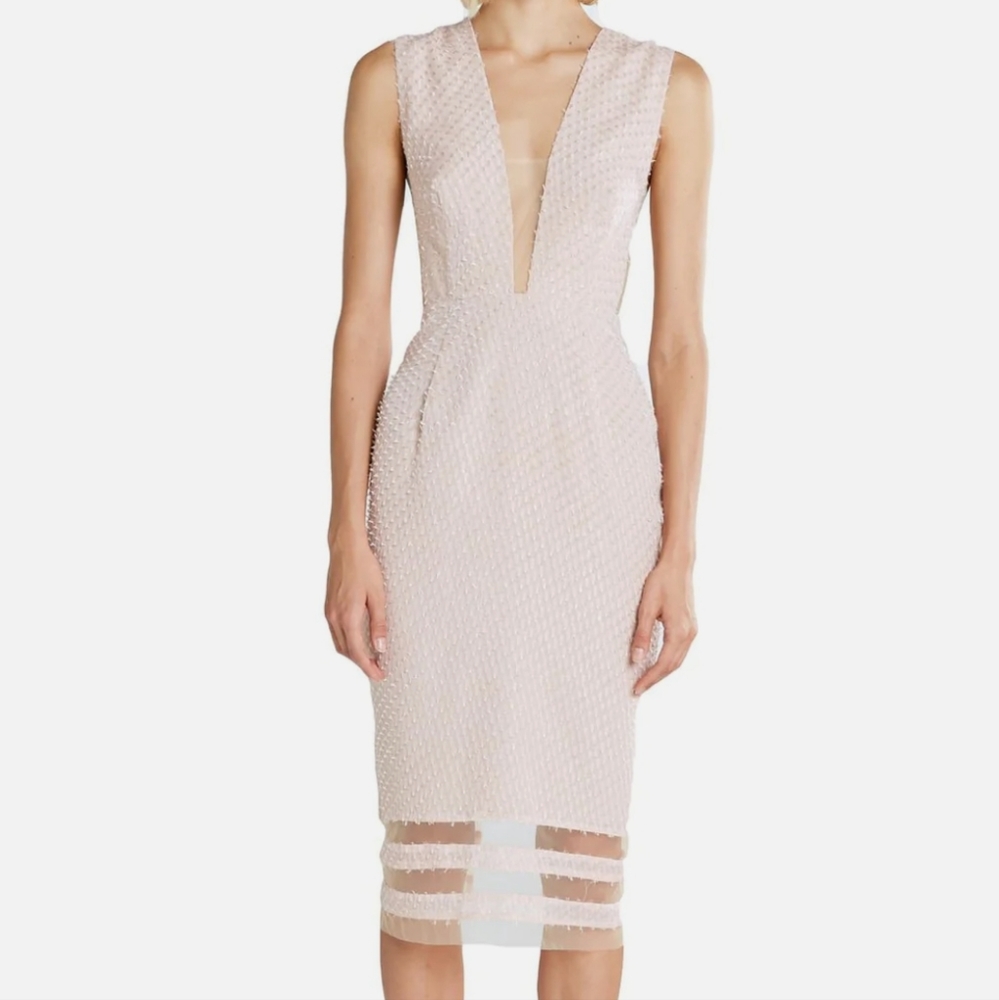 Sau Lee Kendall Pink Fringe Sleeveless Plunging Midi Dress Size 6